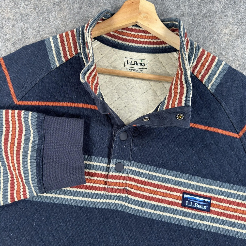 L.L.Bean Sweatshirt Mens 2XL Blue Striped Quilted Snap Henley Pullover